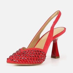 Michael Kors Chelsea Rhinestone Embellished Suede Slingback Pumps Crimson